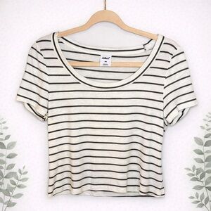 Jo & Co Black White Striped Scoop Neck Cropped Tee Short Sleeve Top M